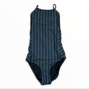 Albion Fit One Piece Black and Teal Striped Swimsuit